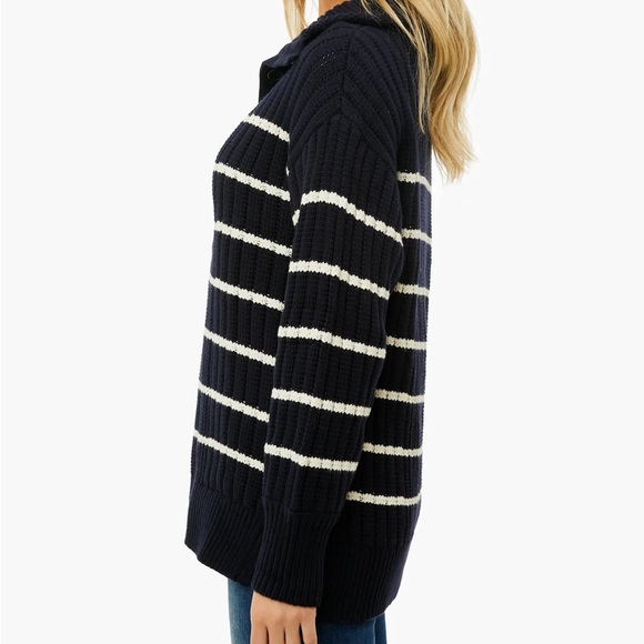 Apiece Apart Paloma Mock Striped Cotton & Cashmere Cozy Sweater - Navy & Cream - Picture 5 of 7
